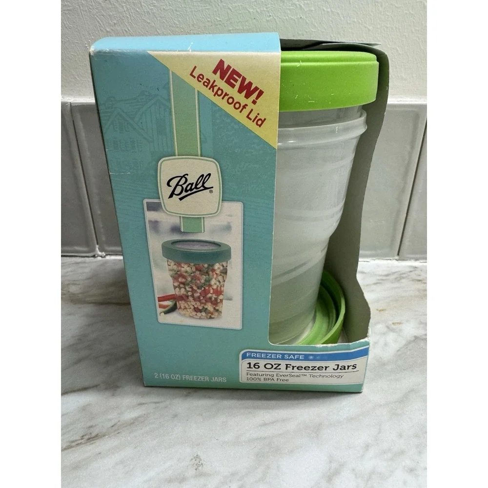 Ball Plastic 16 oz Freezer Jars Leakproof Lids 2 Count Storage Container Food